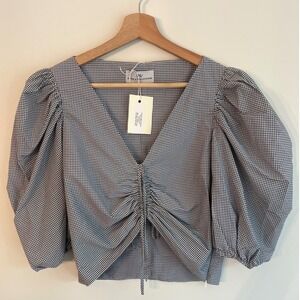 New Never a Wallflower Mallorca Crop Blouse Puff Sleeve Blk Wht Check Medium